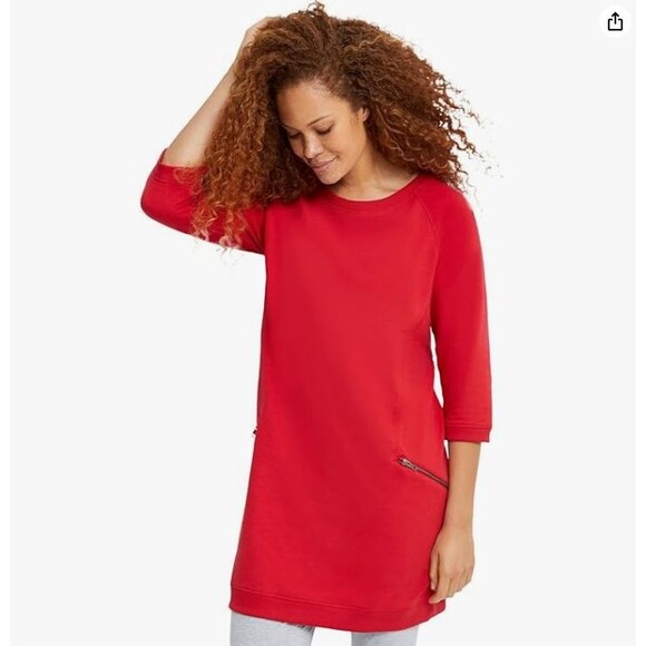 Ellos Womens 1X Tunic Top Red French Terry Zip Pockets 3/4 Sleeve - Picture 1 of 8